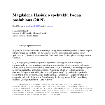 Magdalena Hasiuk o spektaklu "Iwona poślubiona" (2019)