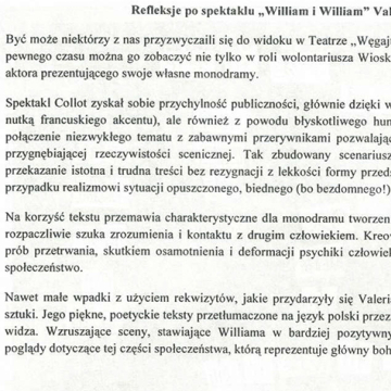 Refleksje po spektaklu "William i William" Valeriana Collot