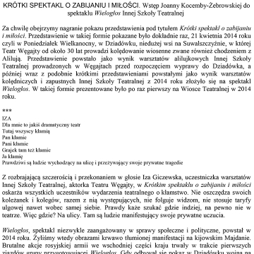 Krótki spektakl o zabijaniu i miłości. Wstęp Joanny Kocemby-Żebrowskiej do spektaklu Wielogłos Innej Szkoły Teatralnej