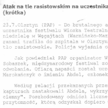 Atak na tle rasistowskim na uczestnika festiwalu teatralnego w Węgajtach (krótka)