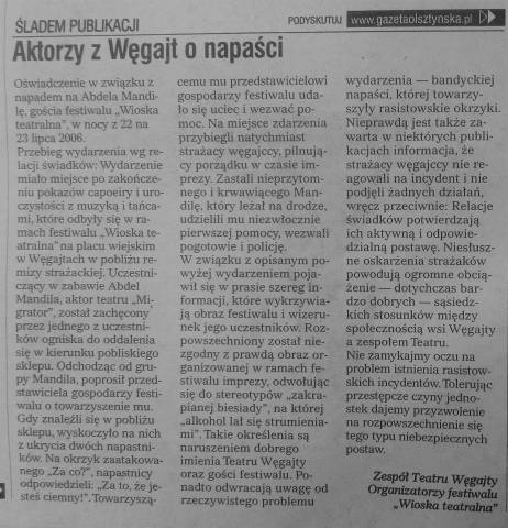 Aktorzy z Węgajt o napaści