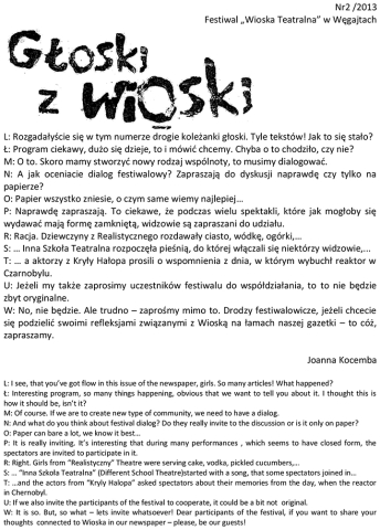 Gazetka Festiwalu "Wioska Teatralna". Głoski z Wioski