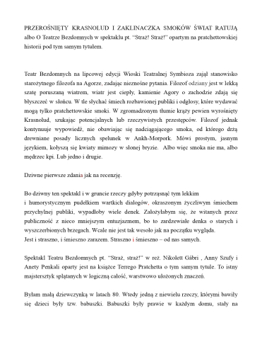 Przerośnięty krasnolud i zaklinaczka smoków świat ratują albo o Teatrze Bezdomnych w spektaklu pt. "Straż! Straż!" opartym na pratchettowskiej historii pod tym samym tytułem