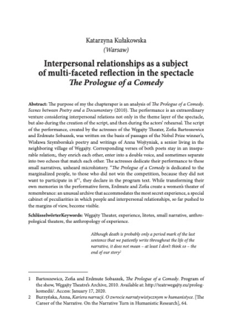 Interpersonal relationships as a subject of multi-faceted reflection in the spectacle The Prologue of a Comedy