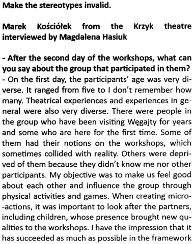 Make the stereotypes invalid. Marek Kościółek from the Krzyk Theatre interviewed by Magdalena Hasiuk