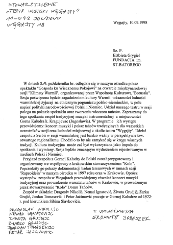 W dniach 8/9 października...] List do Fundacji im. Stefana Batorego w sprawie sesji "Kultura Warmii" i przyjazdu zespołu z Gornej Kaludry w Serbii