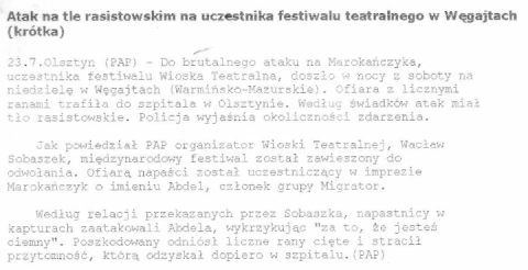 Atak na tle rasistowskim na uczestnika festiwalu teatralnego w Węgajtach (krótka)
