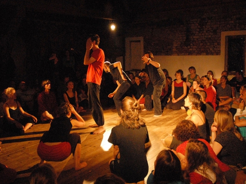 Pokaz grupy warsztatowej prowadzonej przez Marię Norę, muzyczne jam session - taniec i muzyka podczas festiwalu Wioska Teatralna