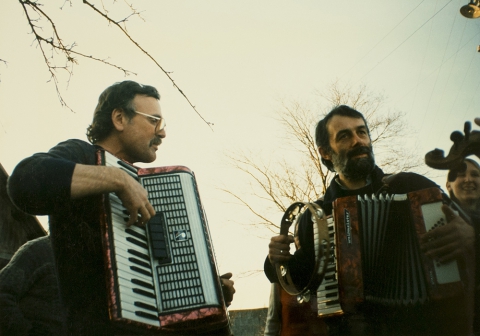 Easter carolling in Belarus. Accordionist encountered in one of the houses visited