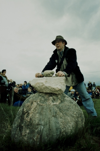 Mieczysław Litwiński performs stone music during the performance-wandering "Missa Pagana "