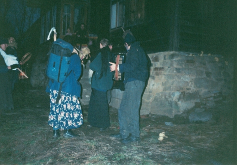 Members of the Węgajty Theatre in the field during carol singing in the Low Beskids