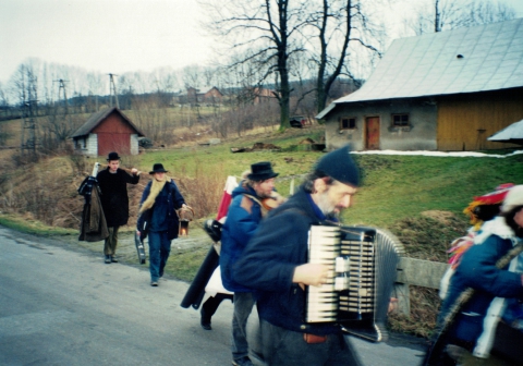 Carol singers walking through the village
