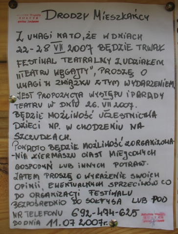 Informacja dla mieszkańców wsi Węgajty w związku z festiwalem Wioska Teatralna