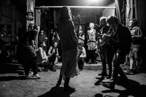 Improvised music-making in the barn during the Theatre Village festival
