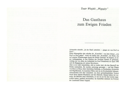Ulotka do spektaklu "Das Gasthaus zum Ewigen Frieden" ("Gospoda ku Wiecznemu Pokojowi")