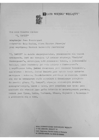Ulotka do spektaklu "I, Hamlet" The Rose Theatre Company, prezentowanego w Teatrze Węgajty