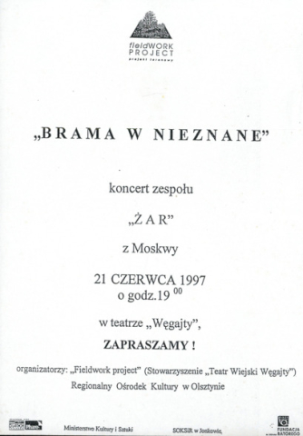 Ulotka z koncertu "Brama w nieznane" zespołu "Żar" z Moskwy w ramach seminarium "Rapsoidein. Zszywanie pieśni" część 2
