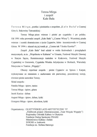 Ulotka z koncertu Teresy Mirgi i zespołu "Kałe Bała" w ramach seminarium "Rapsoidein. Zszywanie pieśni" cz. 2