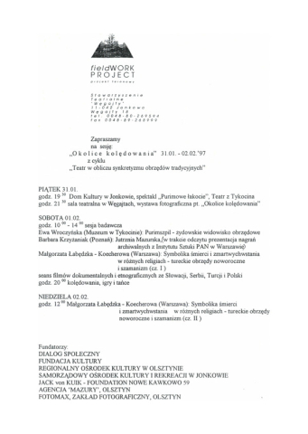 Ulotka z seminarium "Okolice kolędowania" z cyklu "Teatr w obliczu synkretyzmu obrzędów tradycyjnych"