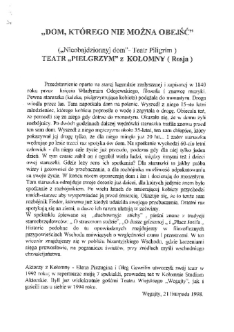 Ulotka do spektaklu "Dom, którego nie można obejść" Teatru "Pilgrim" z Kołomny (Rosja) w ramach seminarium "Na pograniczu światów" cz. 2