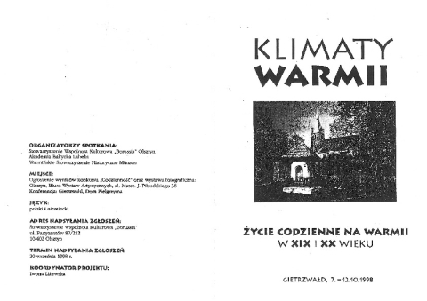 Ulotka z wydarzenia "Klimaty Warmii. Życie codzienne na Warmii w XIX i XX wieku"