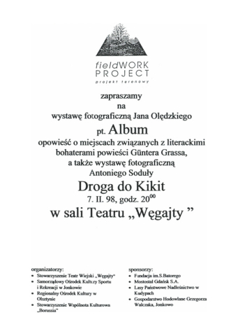 Zaproszenie na wystawy fotograficzne "Album" Jana Olędzkiego i "Droga do Kikit" Antoniego Soduły w ramach Sesji zimowej 1998