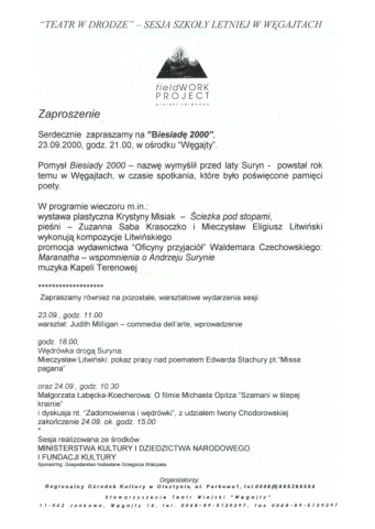Zaproszenie na "Biesiadę 2000" w ramach sesji "Teatr w drodze"