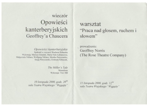 Ulotka z wieczoru "Opowieści kanterberyjskich" oraz warsztatu Geoffrey'a Norrisa
