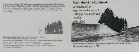 Ulotka z wydarzenia "Teatr Wiejski w Dziadówku czyli dziesięć lat wypraw wielkanocnych z Węgajt do Dziadówka i okolic 1990-2000" - otwarcie wystawy i pokaz filmu Waldemara Czechowskiego
