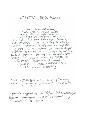 Ulotka z warsztatów "Missa Pagana"