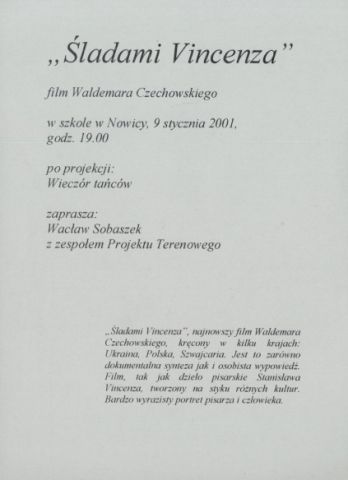 Ulotka z pokazu filmu "Śladami Vincenza"