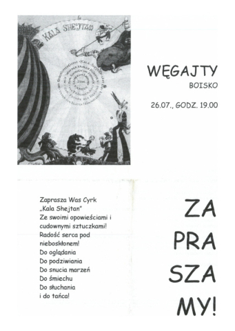 Ulotka z występu Cyrku Kala Shejtan w Węgajtach