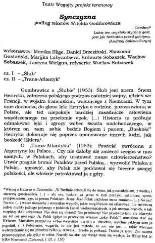 Ulotka do spektaklu Teatru Węgajty/ projekt terenowy Synczyzna wg tekstów Witolda Gombrowicza, reż. Wacław Sobaszek