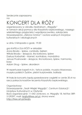 Zaproszenie na "Koncert dla Róży" w wykonaniu Kapeli "Dla Róży"