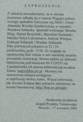 Zaproszenie na premierę spektaklu "Synczyzna"