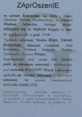 Zaproszenie na premierę spektaklu "Synczyzna"