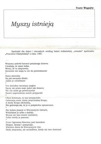 Ulotka do spektaklu "Myszy istnieją"