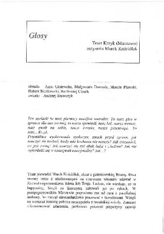 Ulotka do spektaklu "Głosy" Teatru Krzyk z Maszewa - pokaz w ramach Wioski Teatralnej 2008