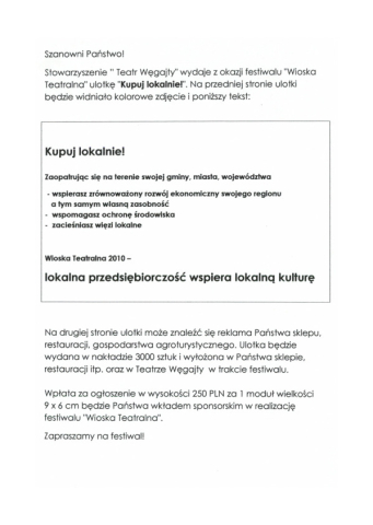 Ulotka z akcji "Kupuj Lokalnie!" w ramach Wioski Teatralnej 2010