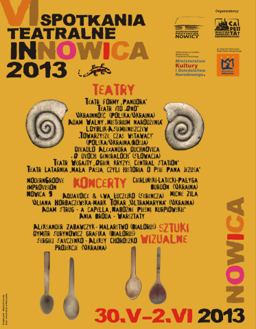 Plakat VI Spotkań Teatralnych Innowica - pokaz spektaklu "Ogień, kryzys, dworzec centralny"