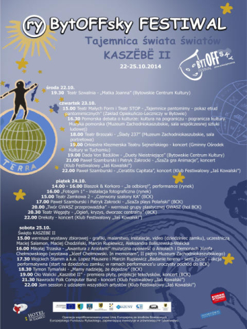 Poster for the BytOFFsky Festival "Tajemnica Świata Światów"- Kaszëbë II - presentation of the performance "Fire, Crisis, Central Station"