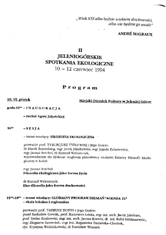 Program II Jeleniogórskich Spotkań Ekologicznych - pokaz spektakli "Gospoda ku Wiecznemu Pokojowi" oraz "Historie Vincenza"