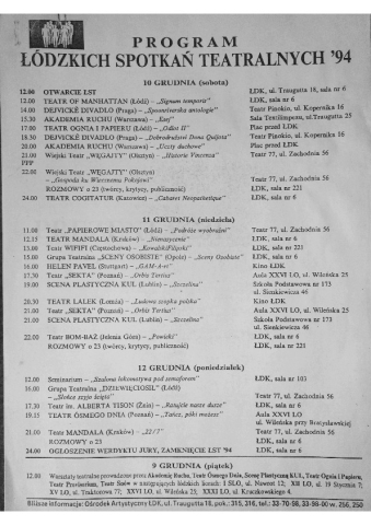 Program Łódzkich Spotkań Teatralnych 1994