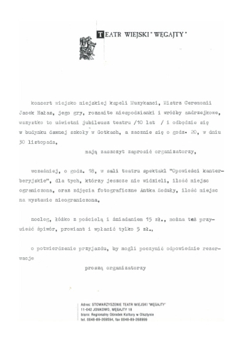 Zaproszenie na jubileusz 10-lecia Teatru Wiejskiego "Węgajty", koncert kapeli Jacka Hałasa "Muzykanci" i spektakl "Opowieści kanterberyjskie"