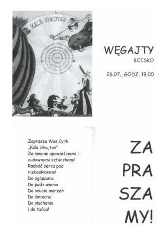 Ulotka z występu Cyrku Kala Shejtan w Węgajtach
