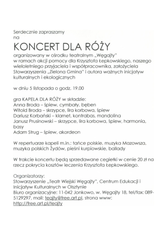 Zaproszenie na "Koncert dla Róży" w wykonaniu Kapeli "Dla Róży"