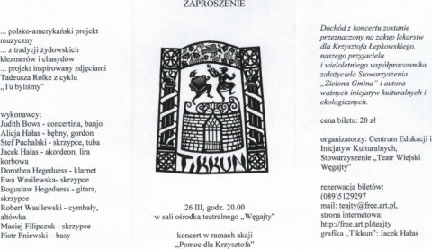 Zaproszenie na koncert "Tikkun" w ramach akcji "Pomoc dla Krzysztofa"